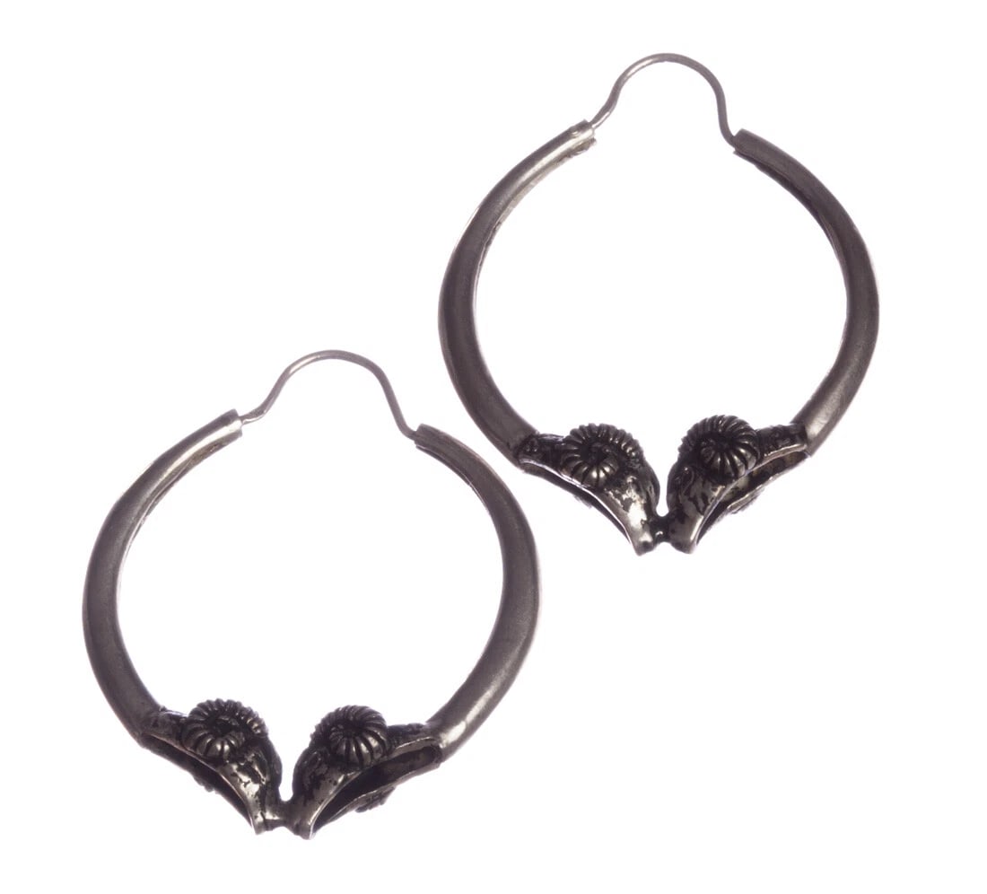 Sterling Silver Large Double Headed Ram Hoop Earrings with Antique Finish - 2