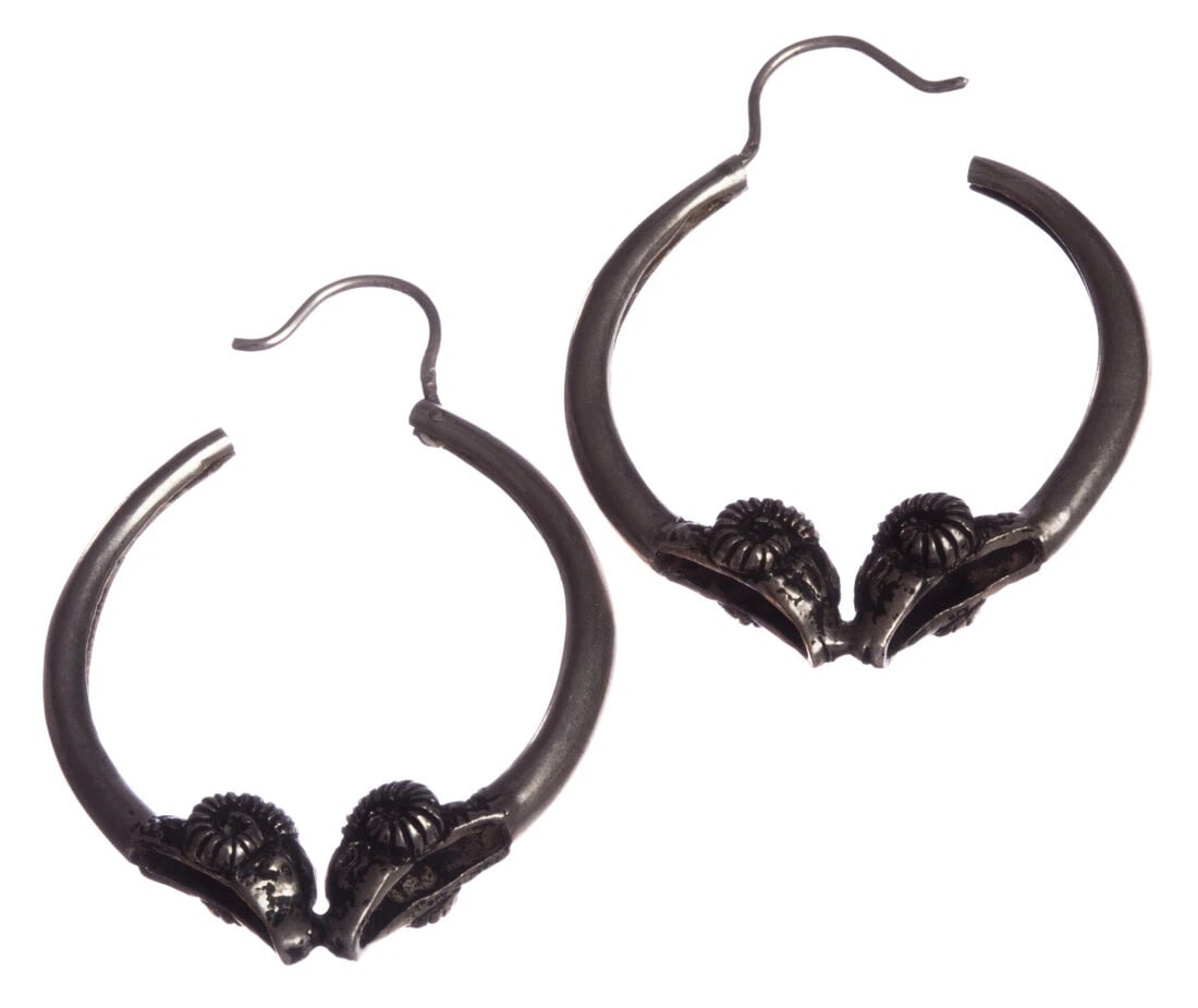Sterling Silver Large Double Headed Ram Hoop Earrings with Antique Finish - 3