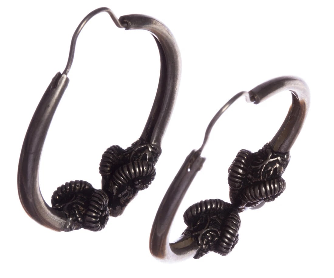 Sterling Silver Large Double Headed Ram Hoop Earrings with Antique Finish - 5