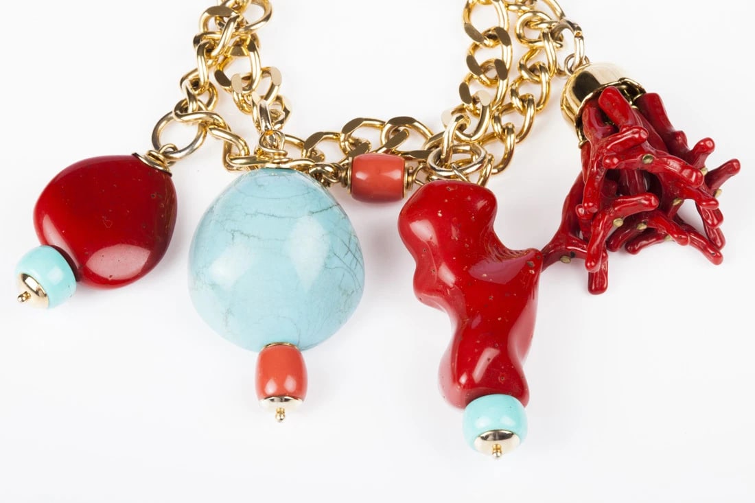 Moschino Faux Turquoise and Red Coral Charm Bracelet - 3