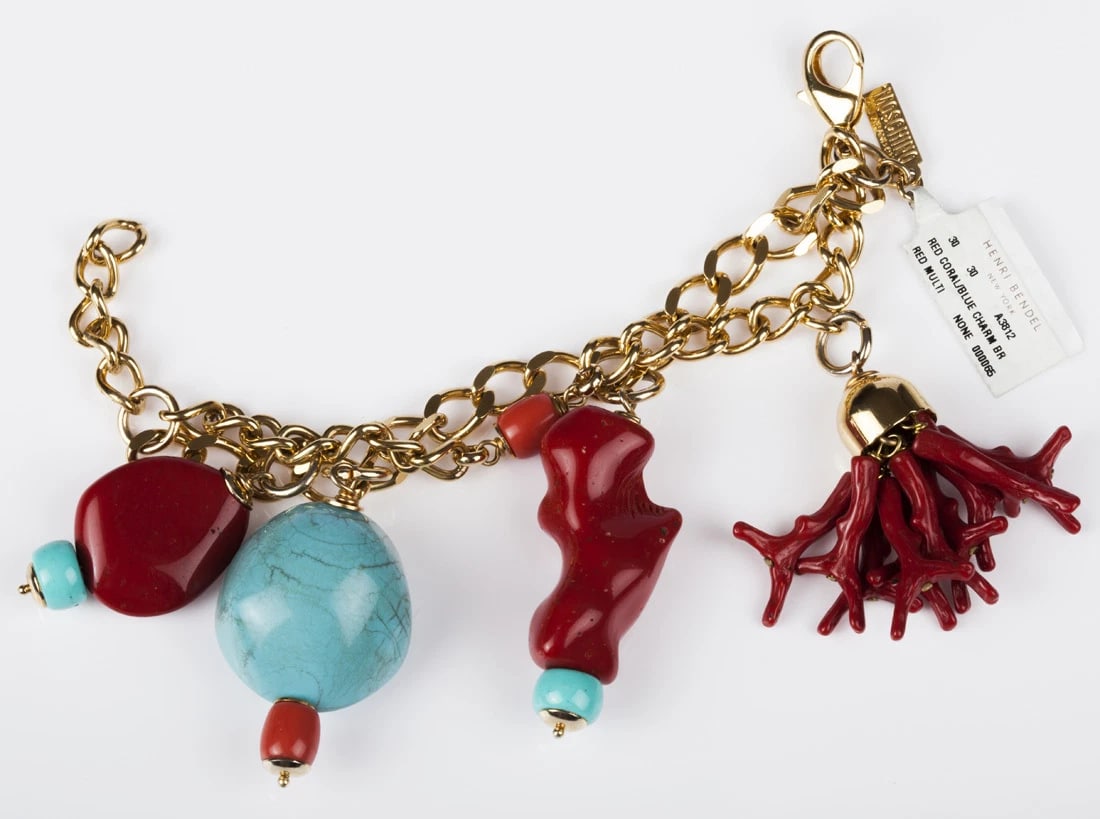 Moschino Faux Turquoise and Red Coral Charm Bracelet - 4
