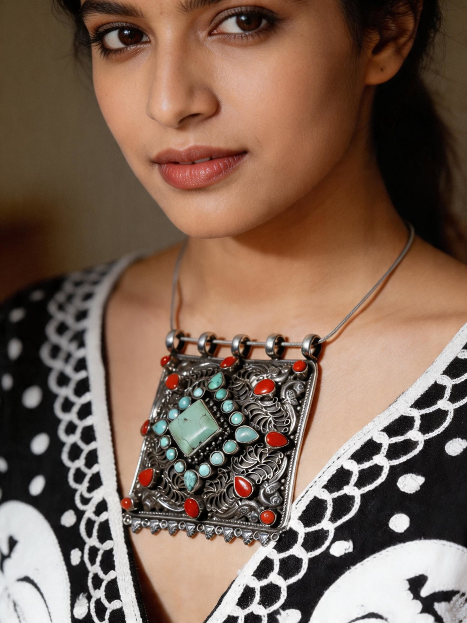 Tibetan Filigree Pendant with Turquoise and Coral: Title: Tibetan Filigree Pendant with Turquoise and Coral Description: itemcode : JDD19) Reserve: $734.00 Shipping: Domestic: Shipping rates are determined by destination International: Foreign shippin