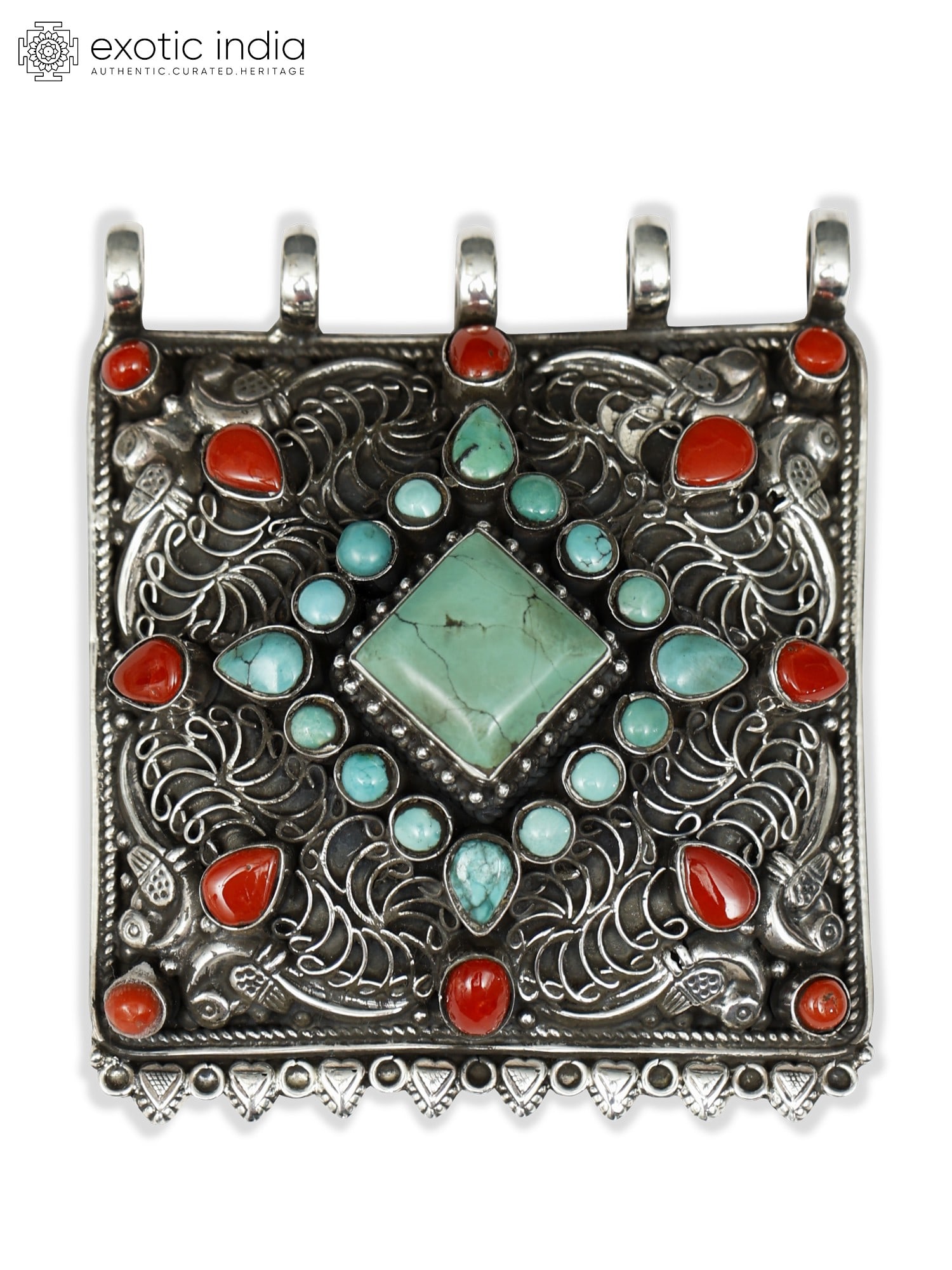 Tibetan Filigree Pendant with Turquoise and Coral - 2