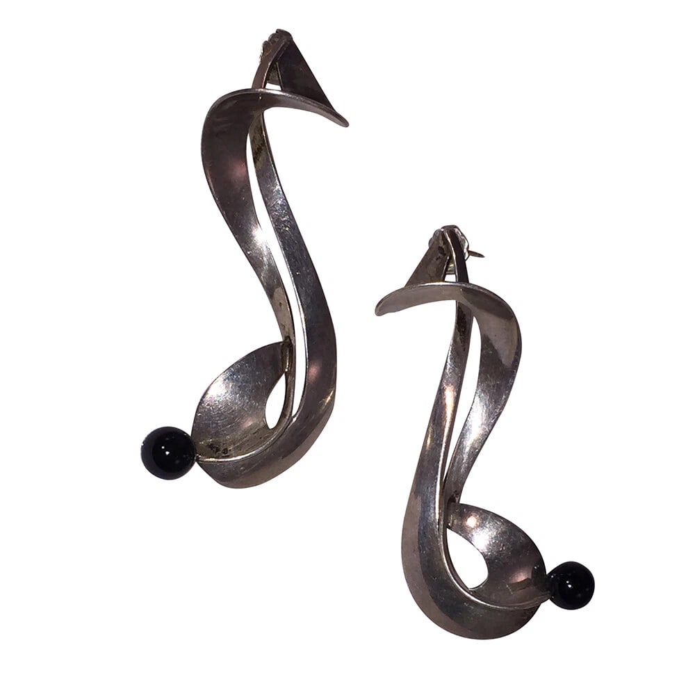 Signed Figural Sterling Silver Black Onyx Bead Earrings - 3