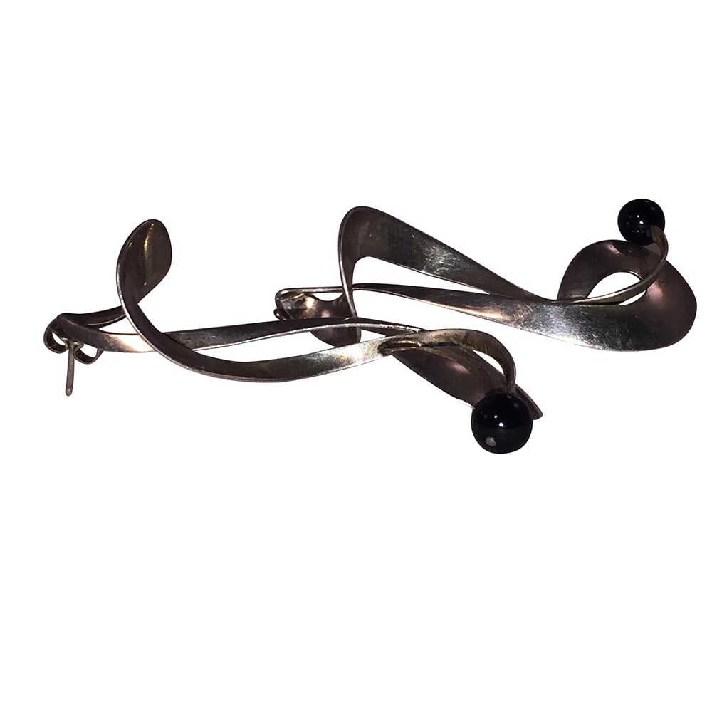 Signed Figural Sterling Silver Black Onyx Bead Earrings - 4