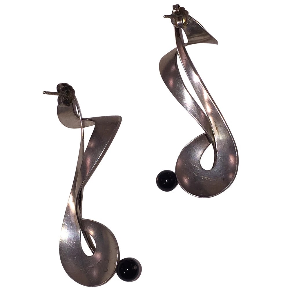 Signed Figural Sterling Silver Black Onyx Bead Earrings - 5