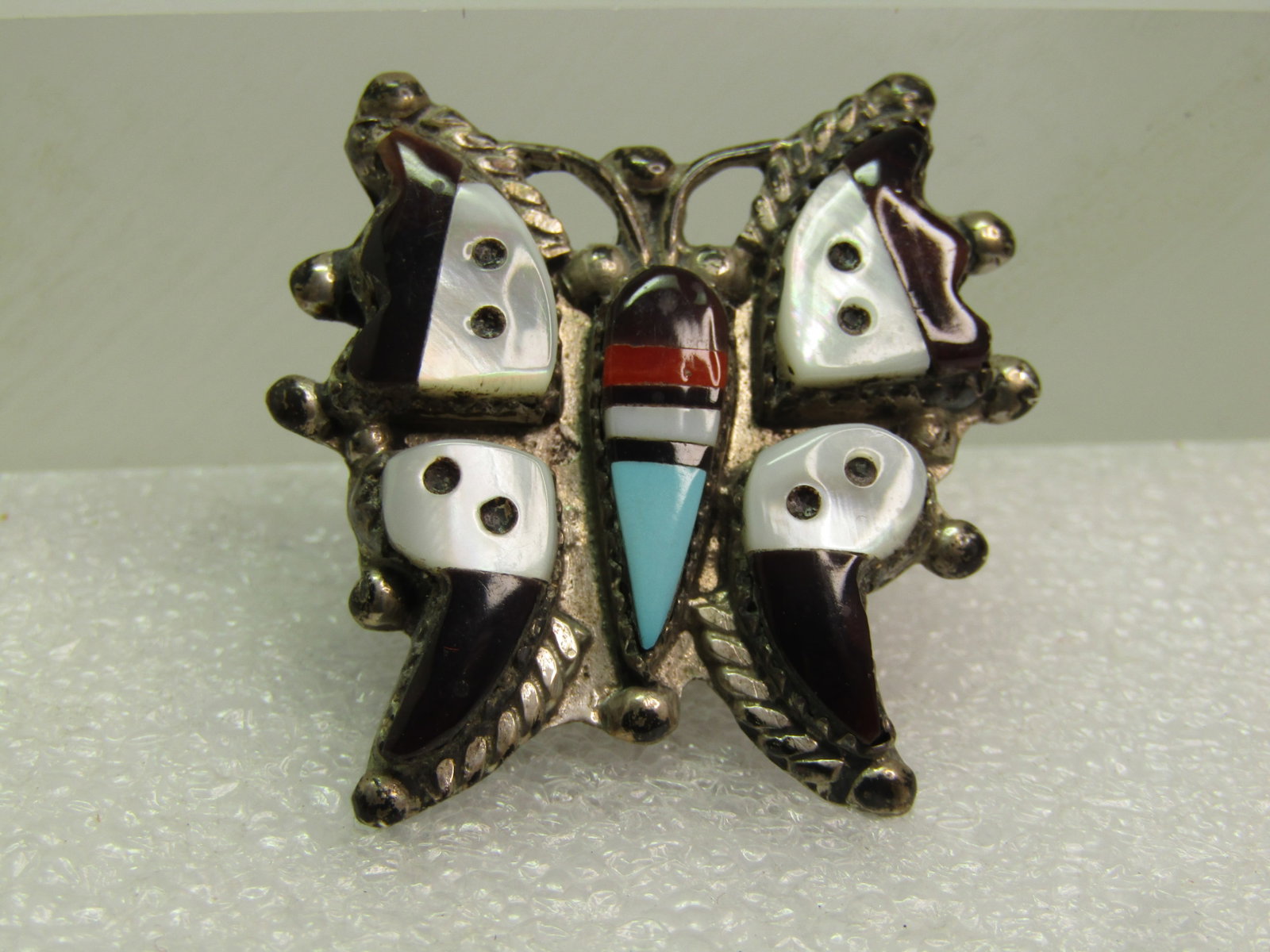 Vintage Zuni Sterling Inlaid Butterfly Brooch/Pendant, MOP, Onyx, Coral, Turquoise, 1970's-1980's, - 3