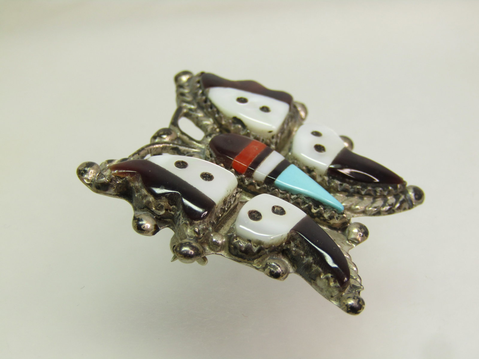 Vintage Zuni Sterling Inlaid Butterfly Brooch/Pendant, MOP, Onyx, Coral, Turquoise, 1970's-1980's, - 6