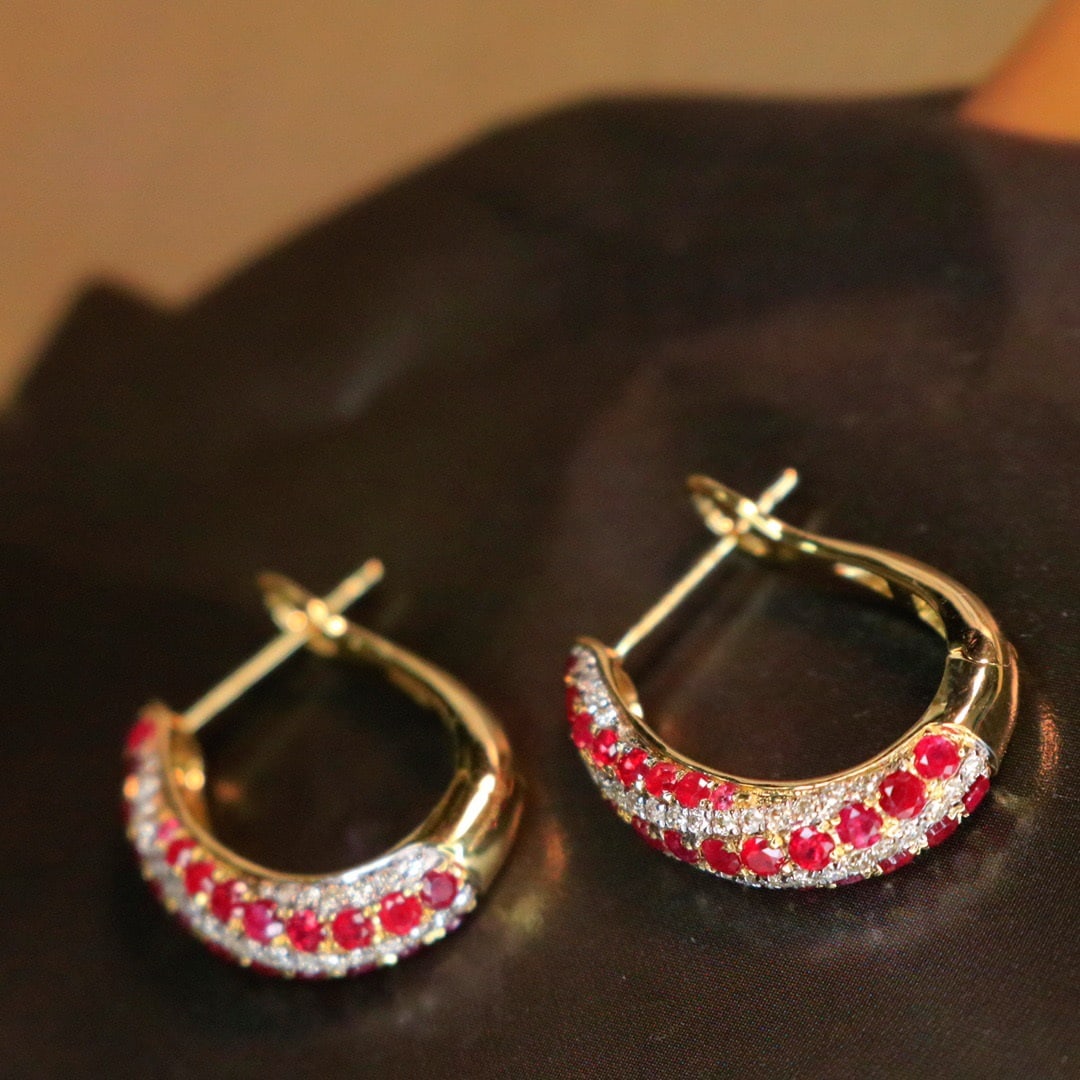 14K GOLD 1.80 CTW VIVID RED NATURAL RUBY and DIAMOND EARRINGS - 7