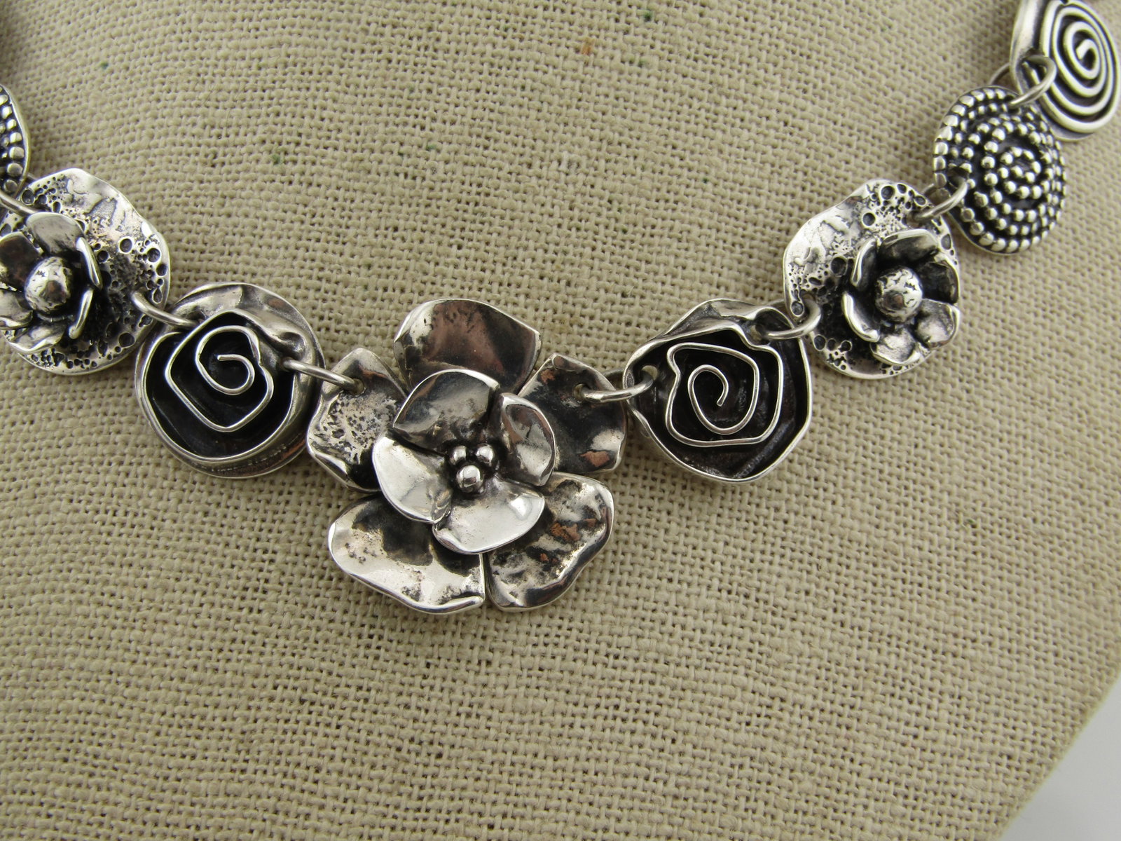 Sherry Tinsman Sterling Floral and Spiral Linked Necklace, Graduated, 17" - 4