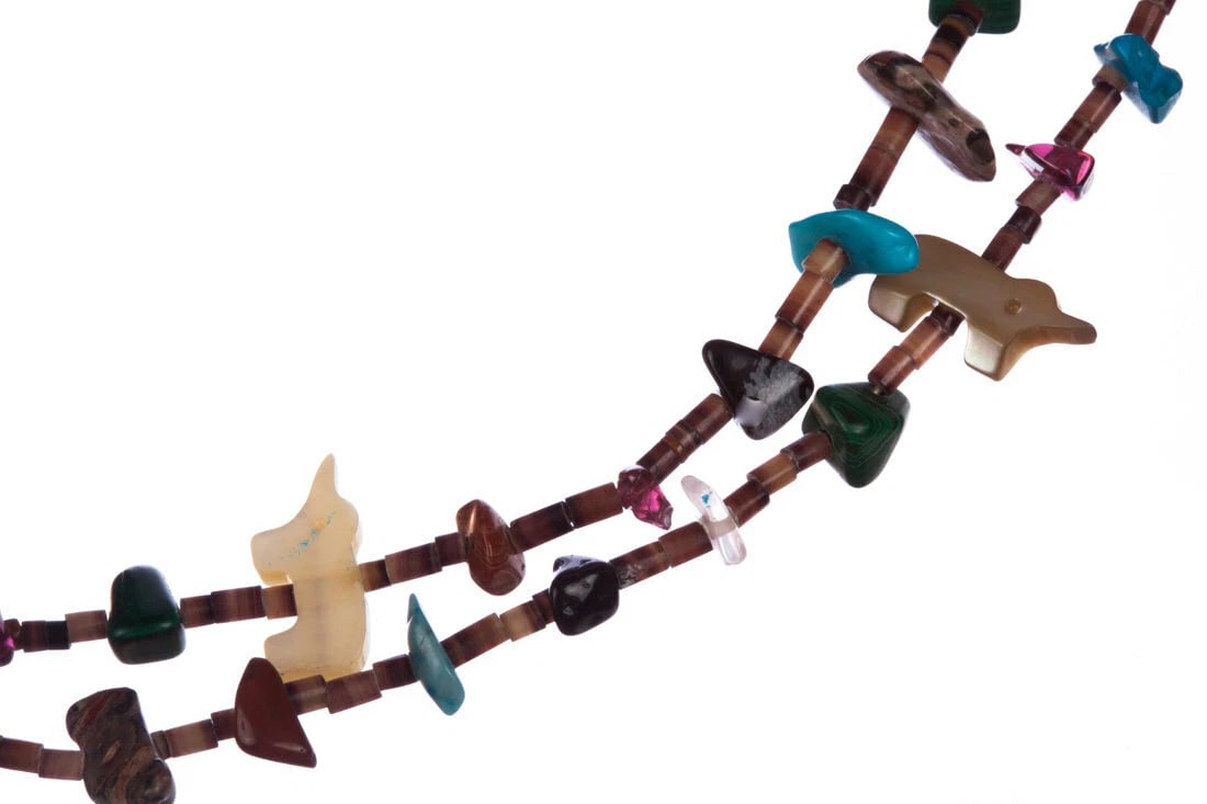 Fetish Heishi Shell Bead Necklace: Title:Fetish Heishi Shell Bead Necklace Description:Gorgeous natural stone chip beads, tiger eye, amber, mother of pearl, turquoise, and heishi shell beads on this double stranded necklace. Circa, 195