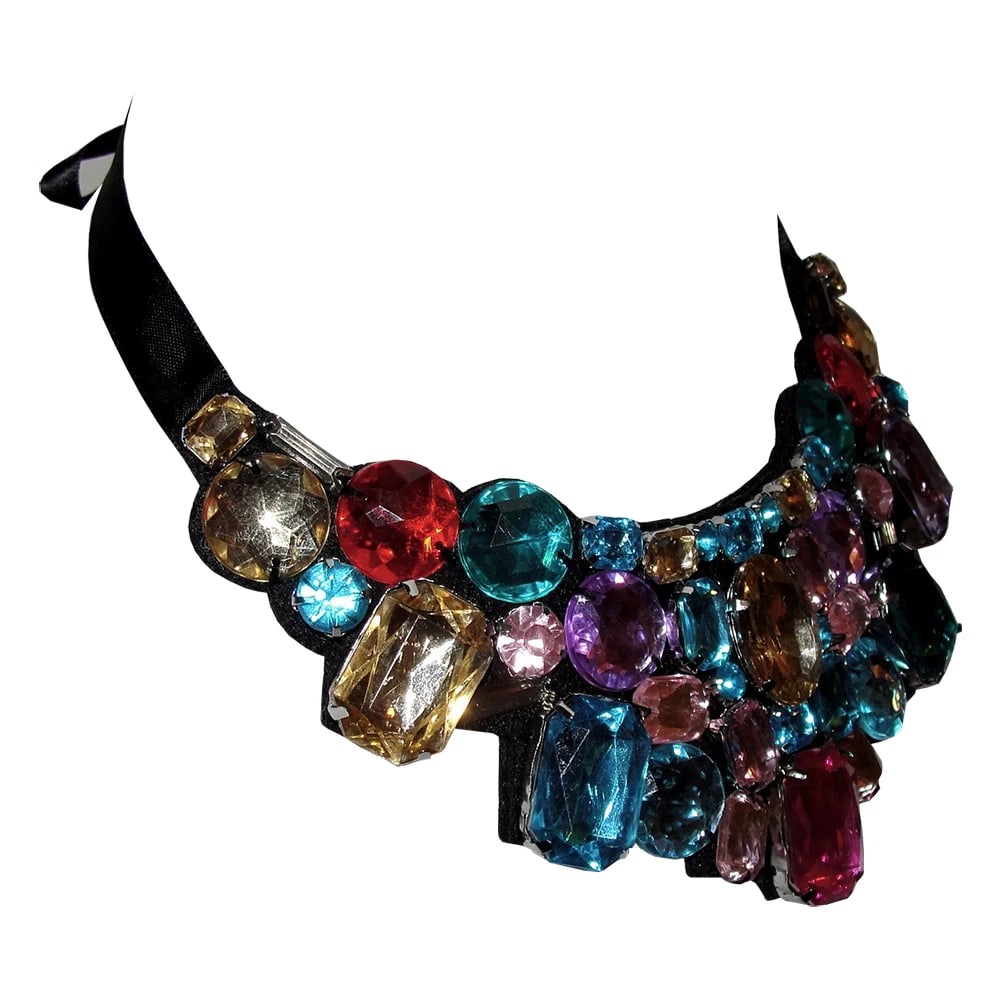 New Multi Colored Rhinestone Bib with Ribbon Necklace - 3