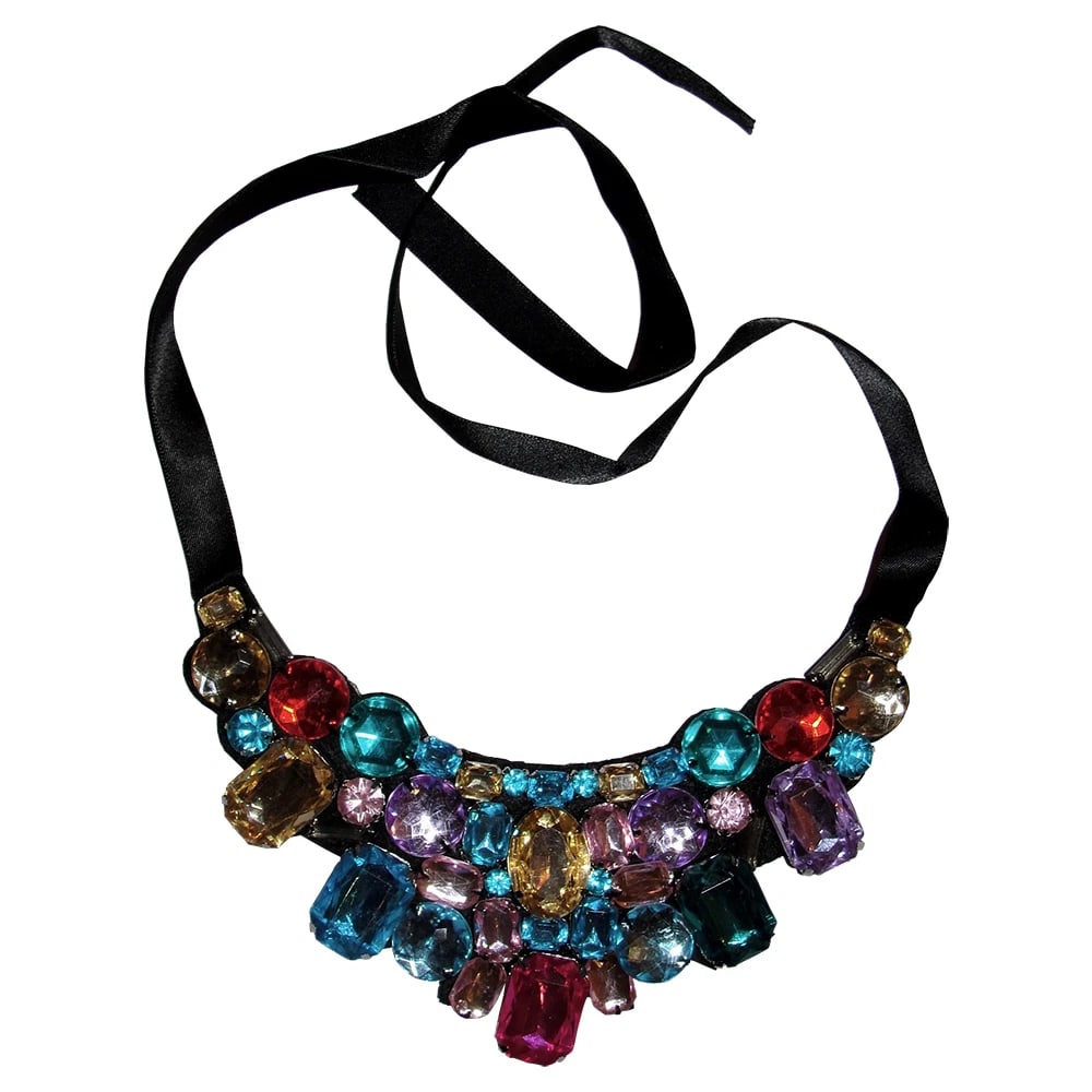 New Multi Colored Rhinestone Bib with Ribbon Necklace - 5