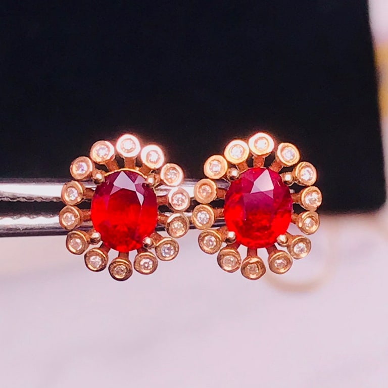14K GOLD 0.84 CT VIVID RED NATURAL RUBY and DIAMOND EARRINGS - 2