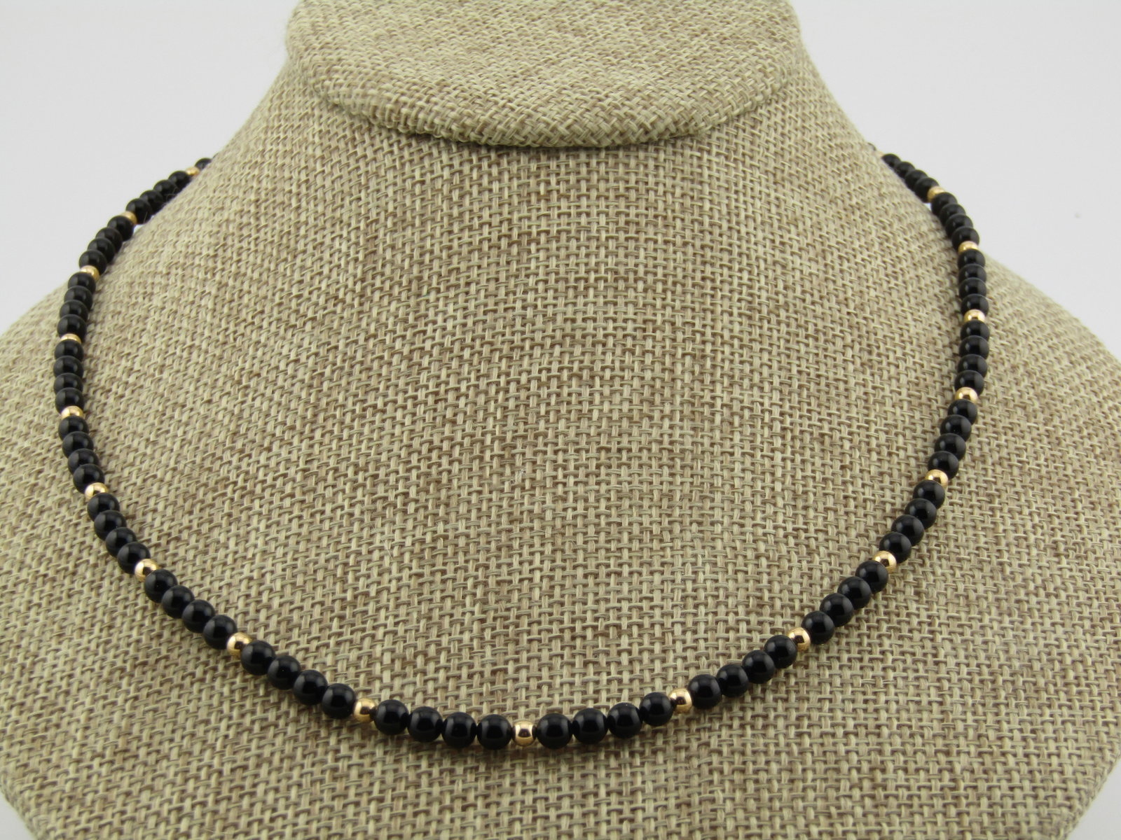 Vintage 14kt Onyx and Gold Beaded Necklace, 18.5" , 4mm, 1970's-1980's - 2