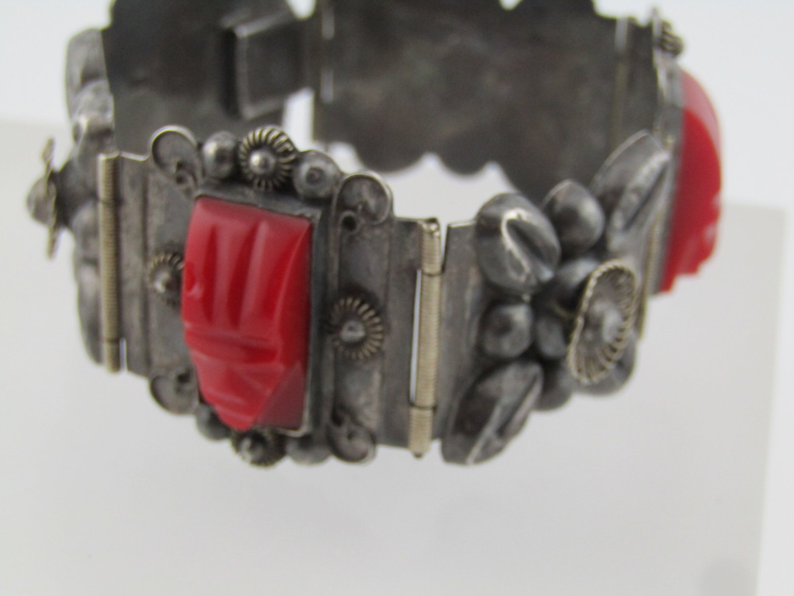 Vintage Sterling Red Carved Mask Bracelet, Mexico, 6.5", Signed CMB, 1940's-1950's - 2