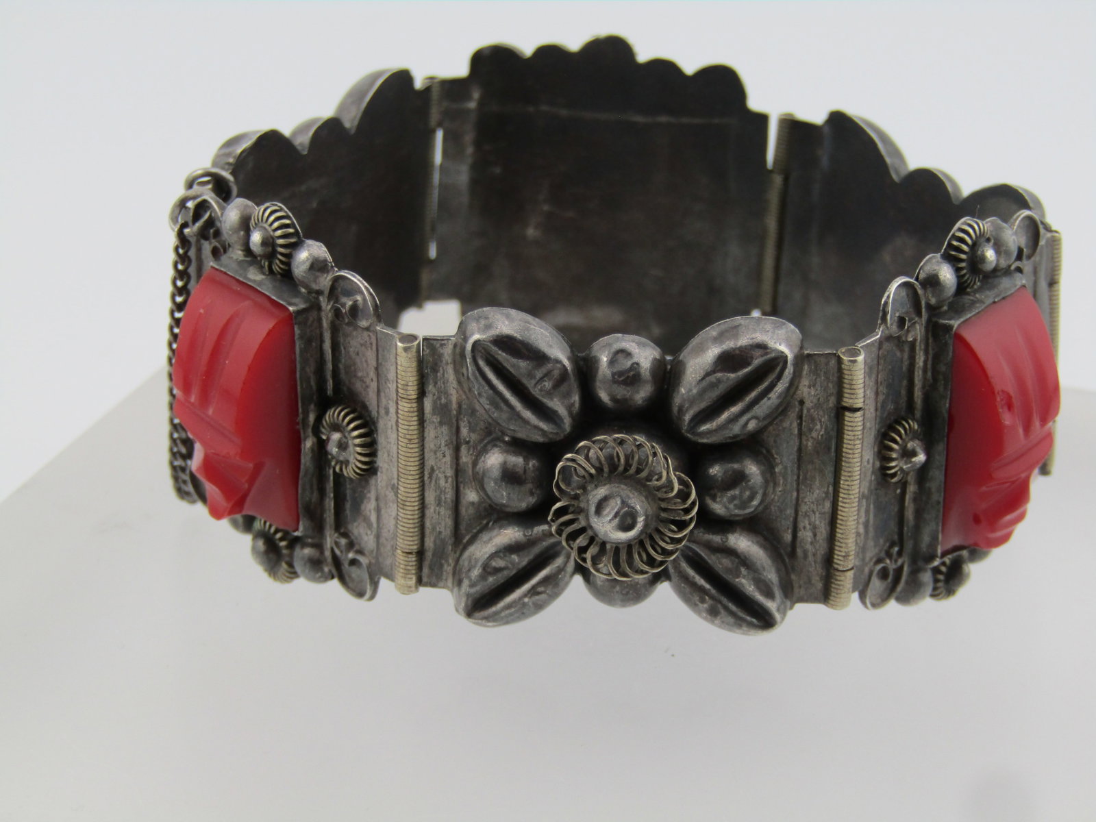 Vintage Sterling Red Carved Mask Bracelet, Mexico, 6.5", Signed CMB, 1940's-1950's - 3