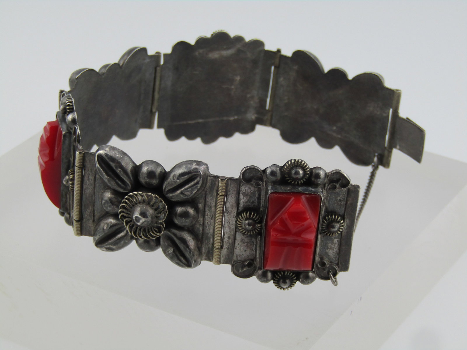 Vintage Sterling Red Carved Mask Bracelet, Mexico, 6.5", Signed CMB, 1940's-1950's - 4