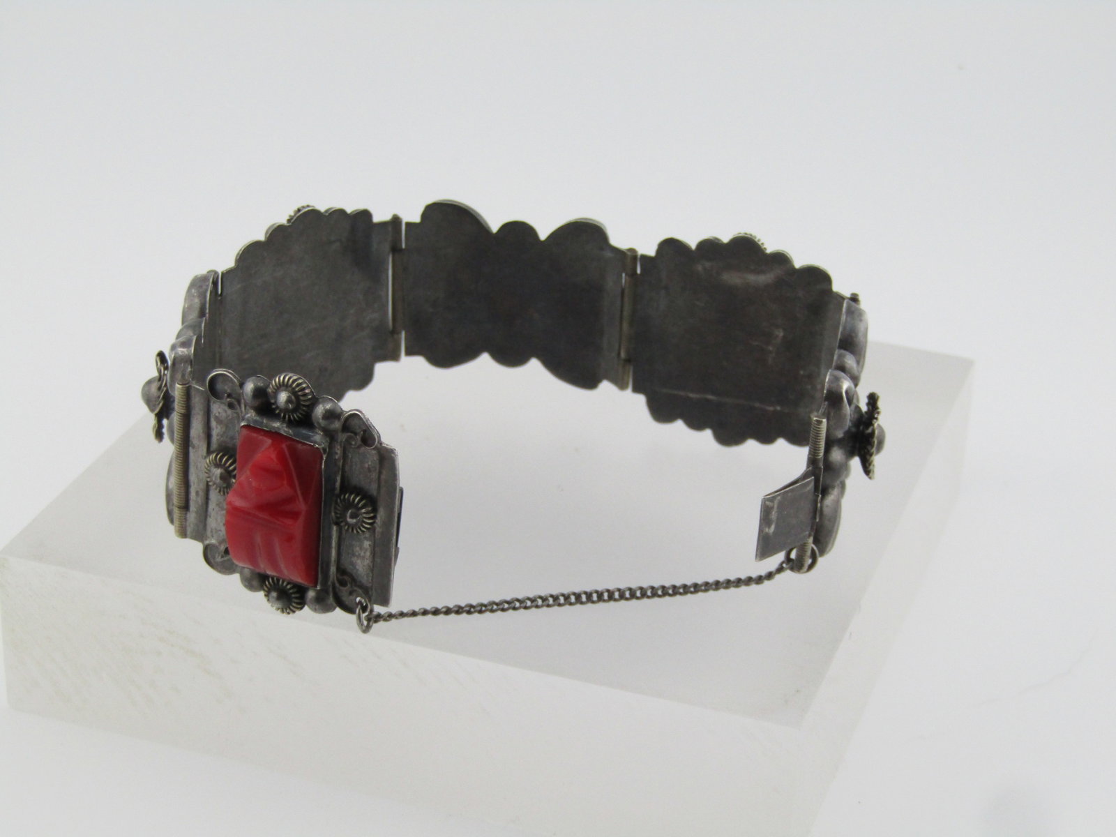 Vintage Sterling Red Carved Mask Bracelet, Mexico, 6.5", Signed CMB, 1940's-1950's - 7