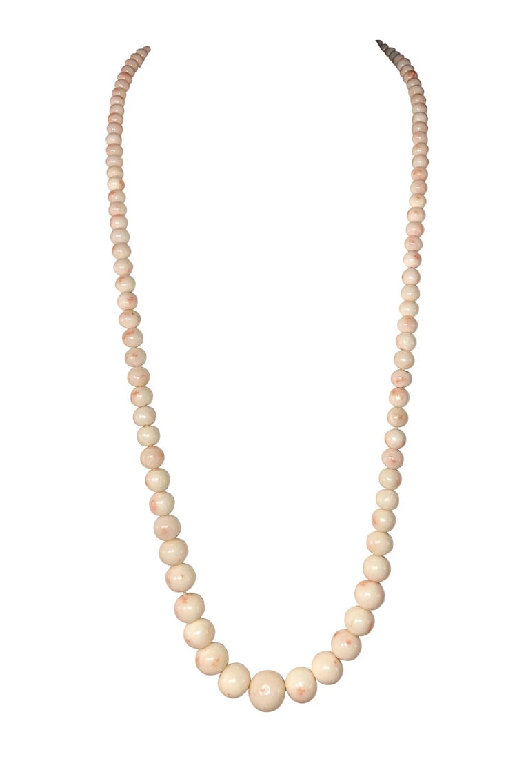 Victorian Graduated Smooth Angel Skin Coral Beaded Necklace: Title:Victorian Graduated Smooth Angel Skin Coral Beaded Necklace Description:Victorian Graduated Smooth Angel Skin Coral Beaded Necklace. Circa 1890's. Measures 24" long and 1/2" wide. Graduated from