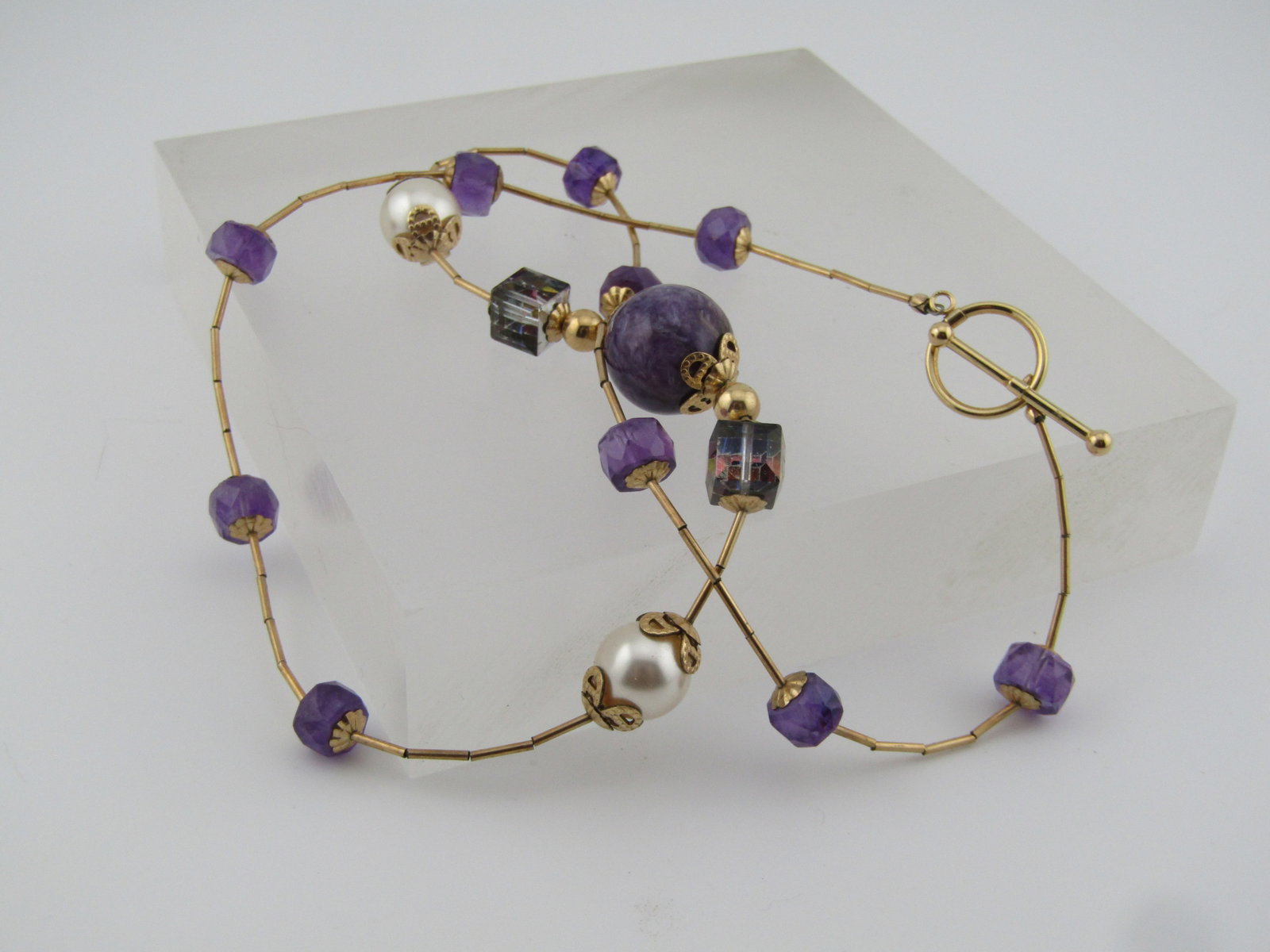 Vintage 14kt Amethyst Sugalite Beaded Necklace, 20", Toggle Clasp, 1980's-1990's - 6