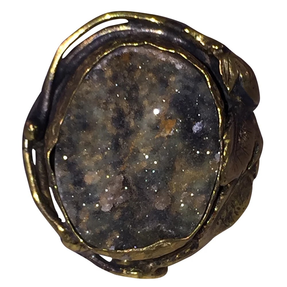Artisan Signed Druzy Quartz Brass and Sterling Ring - 2