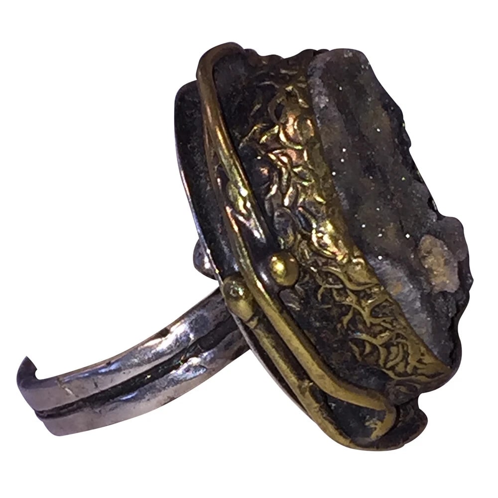 Artisan Signed Druzy Quartz Brass and Sterling Ring - 3