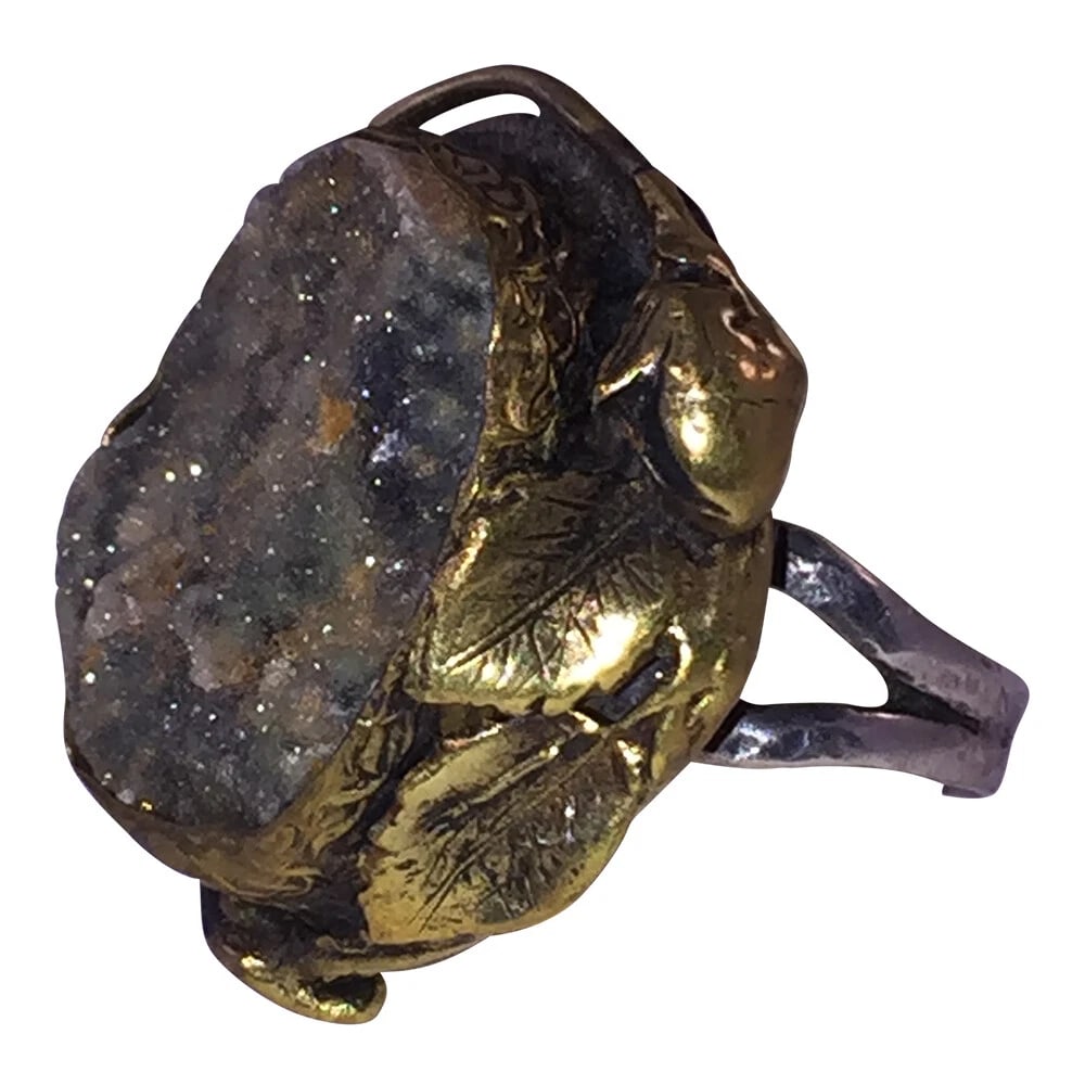 Artisan Signed Druzy Quartz Brass and Sterling Ring - 4