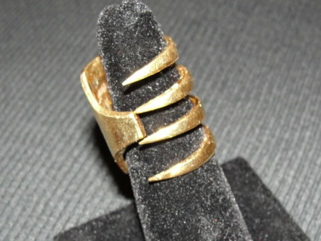 14 kt Gold Vermeil over Brass Coil Fork Ring: Title:14 kt Gold Vermeil over Brass Coil Fork Ring Description:From the earliest of times people have worn their wealth. It wasn't until after World War 2 that the use of sterling silverware