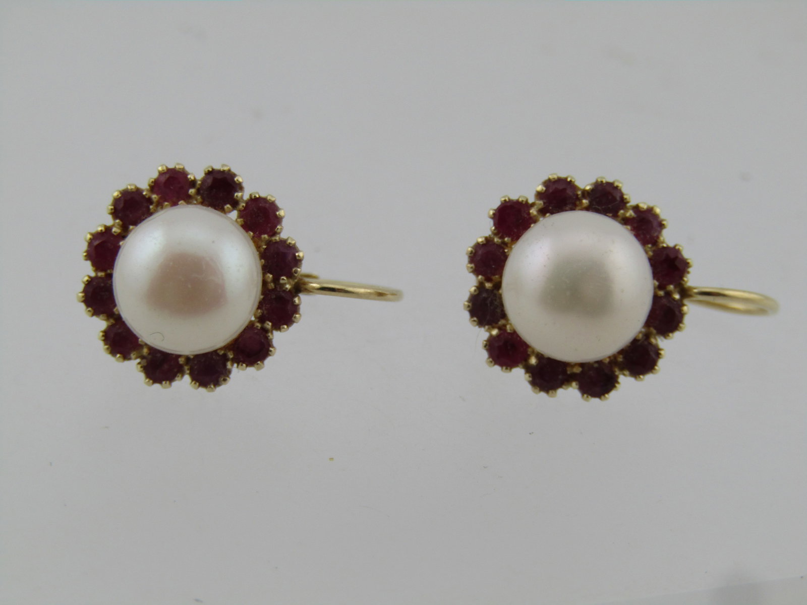 14kt Ruby Halo Pearl Earrings, Leverback, Signed AVN 1990's - 4