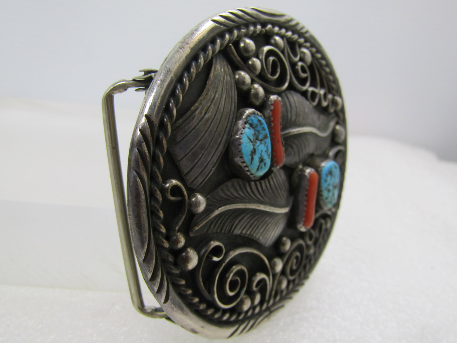 Vintage Sterling Southwestern Belt Buckle, Turquoise/Coral T.C. Yazzie, 1970's - 3