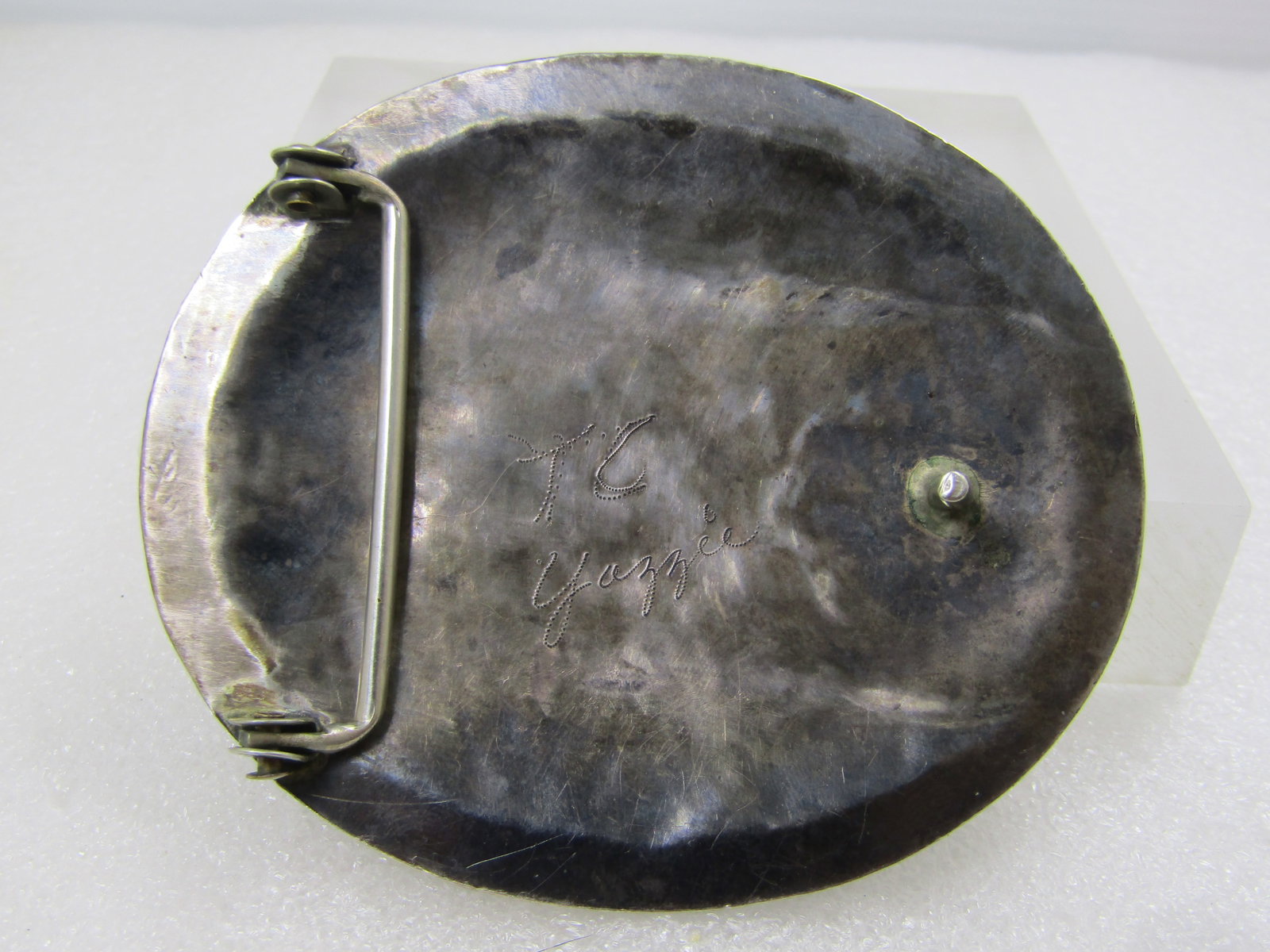 Vintage Sterling Southwestern Belt Buckle, Turquoise/Coral T.C. Yazzie, 1970's - 4