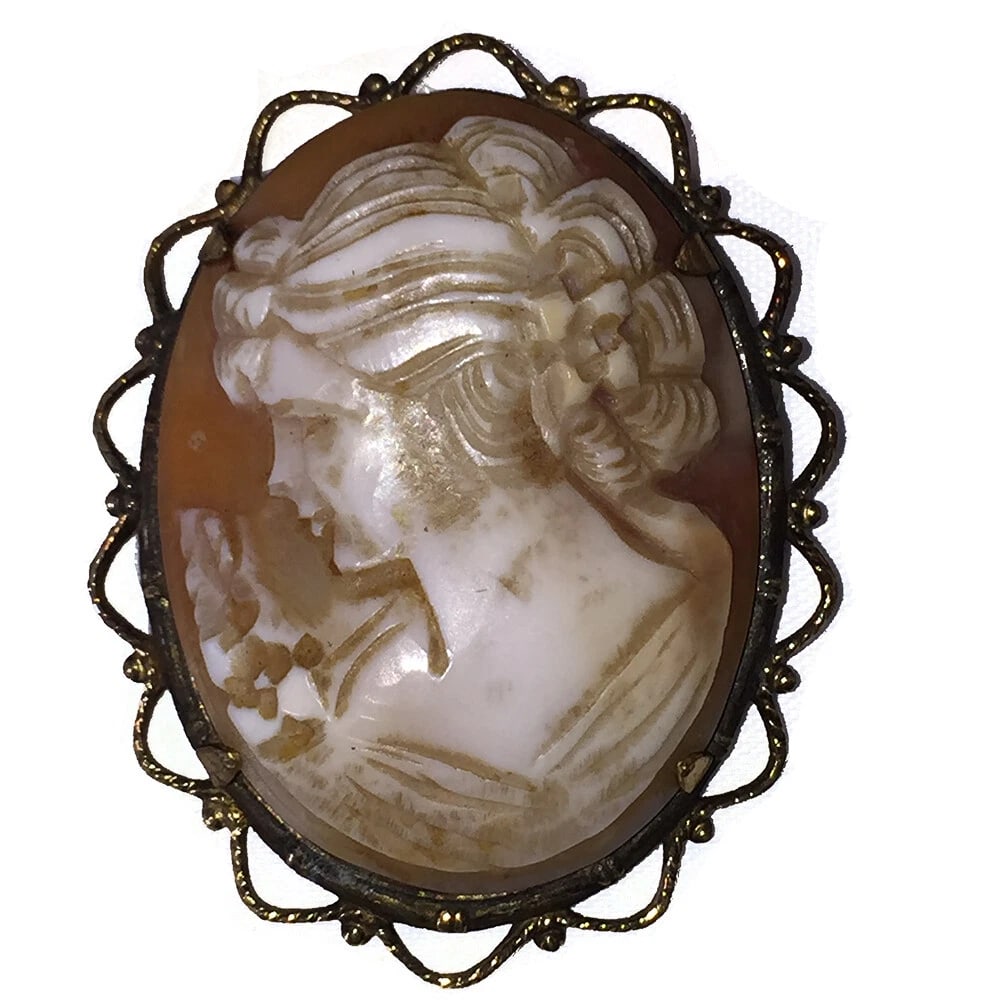 English Shell Carved Cameo Gold Plated Filigree Frame of Woman's Profile (1 of 6)
