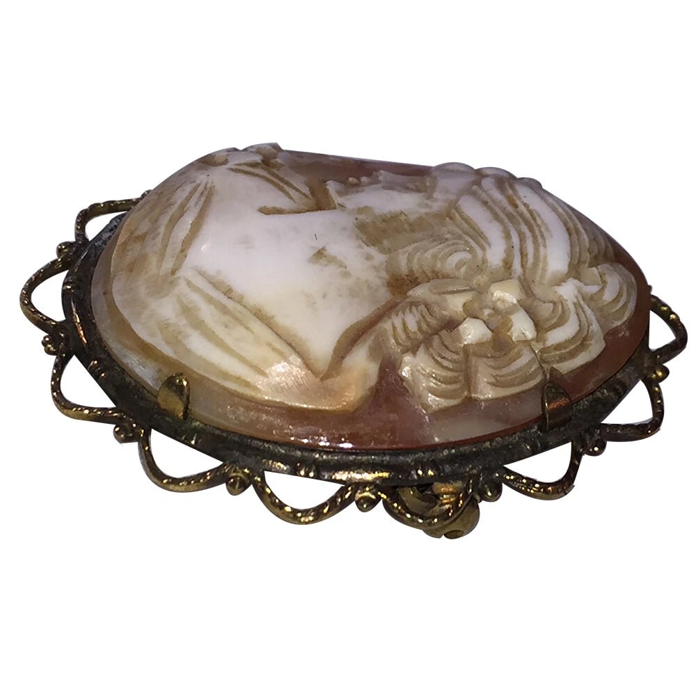 English Shell Carved Cameo Gold Plated Filigree Frame of Woman's Profile - 3