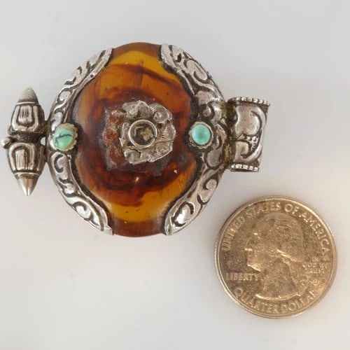 Tibetan Amber Silver Turquoise Pendant - 2