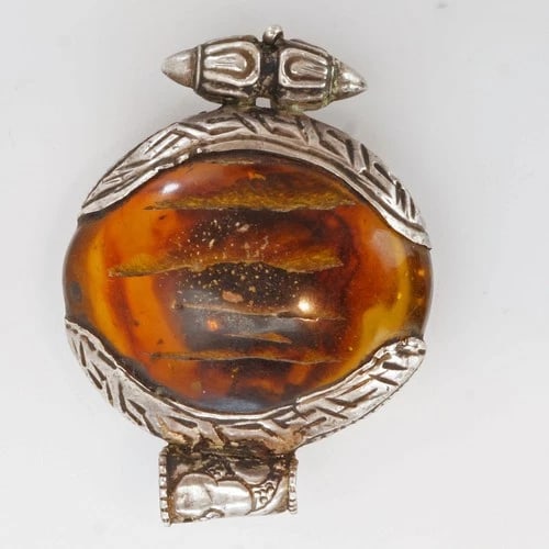 Tibetan Amber Silver Turquoise Pendant - 3