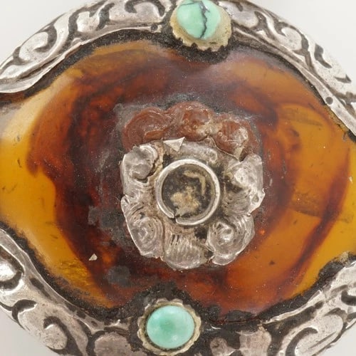 Tibetan Amber Silver Turquoise Pendant - 4