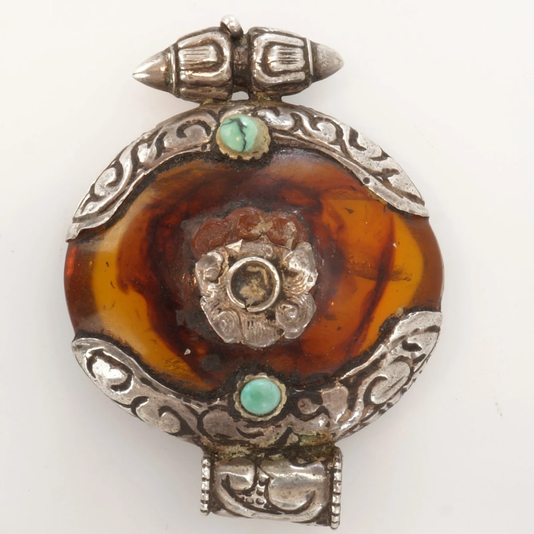 Tibetan Amber Silver Turquoise Pendant - 5