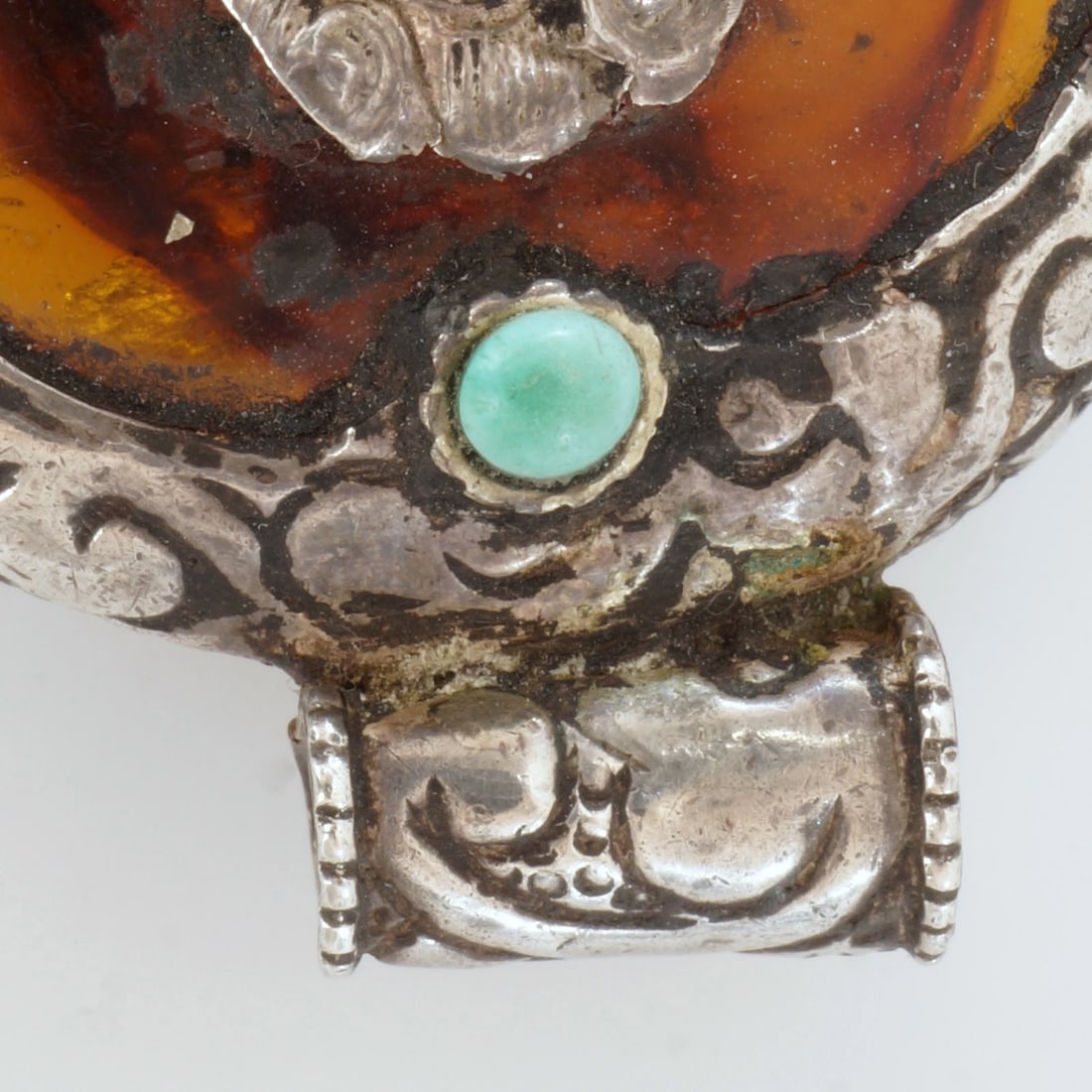 Tibetan Amber Silver Turquoise Pendant - 6