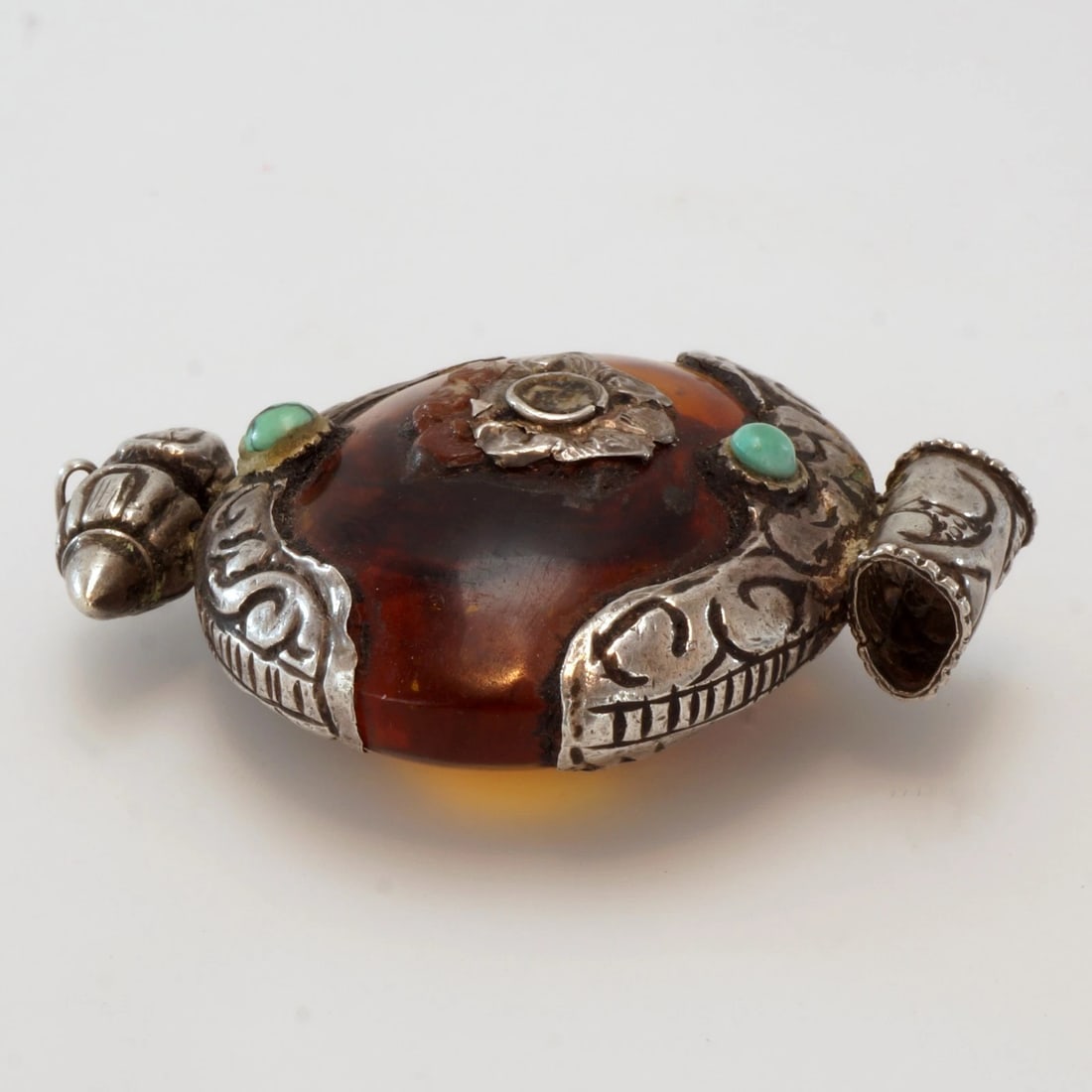 Tibetan Amber Silver Turquoise Pendant - 8