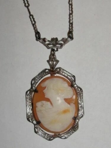 Art Deco Sterling Silver Necklace Shell Cameo Pendant Woman's Profile - 3