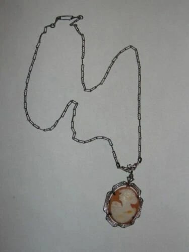 Art Deco Sterling Silver Necklace Shell Cameo Pendant Woman's Profile - 4