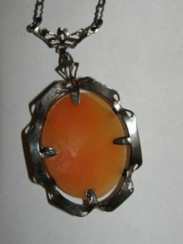 Art Deco Sterling Silver Necklace Shell Cameo Pendant Woman's Profile - 5