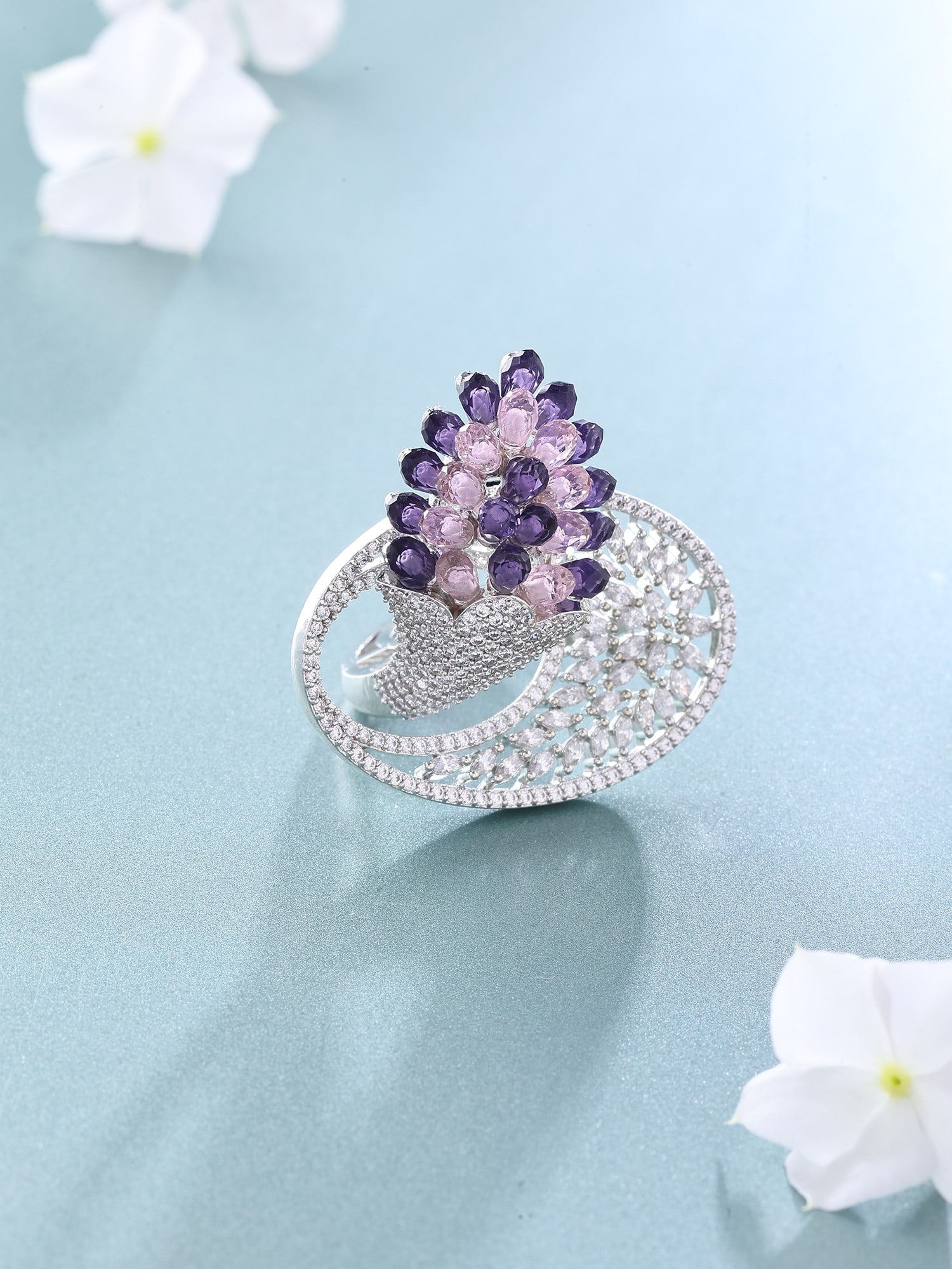 Floral Cluster Design Dual-Tone Stone Studded Adjustable Ring: Title: Floral Cluster Design Dual-Tone Stone Studded Adjustable Ring Description: itemcode : JA0854-purple) Reserve: $43.00 Shipping: Domestic: Shipping rates are determined by destination