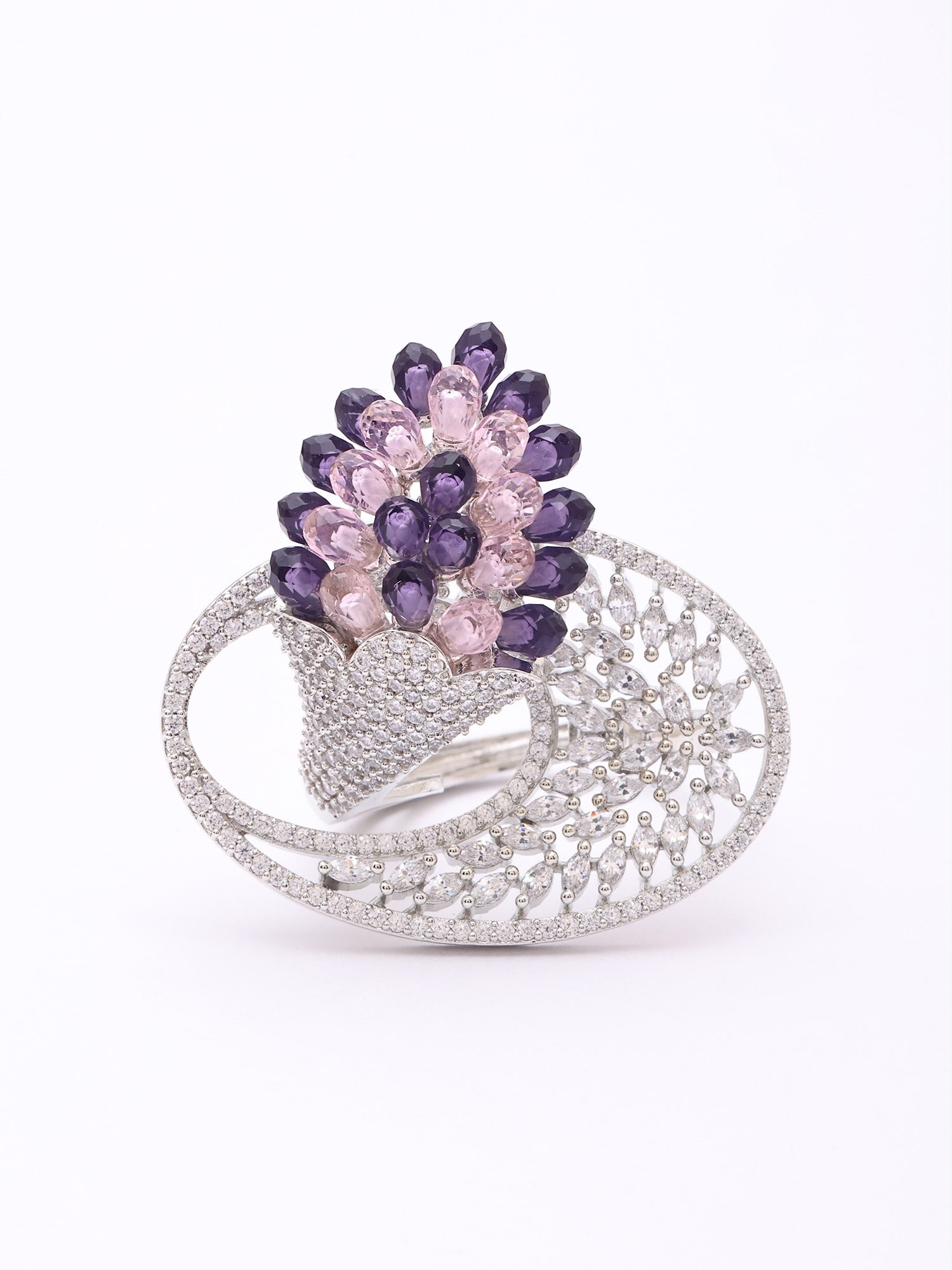 Floral Cluster Design Dual-Tone Stone Studded Adjustable Ring - 2