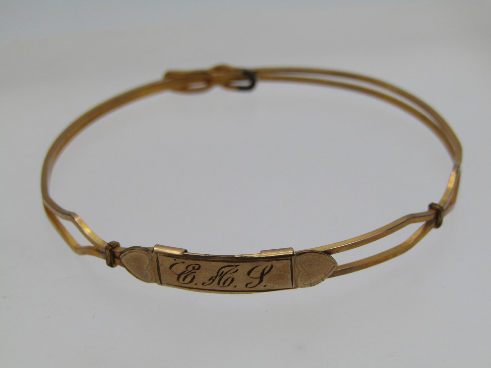 Antique 10kt G.F. Engraved E A L Bangle Bracelet, 6", With Hearts, Early 1900's - 2