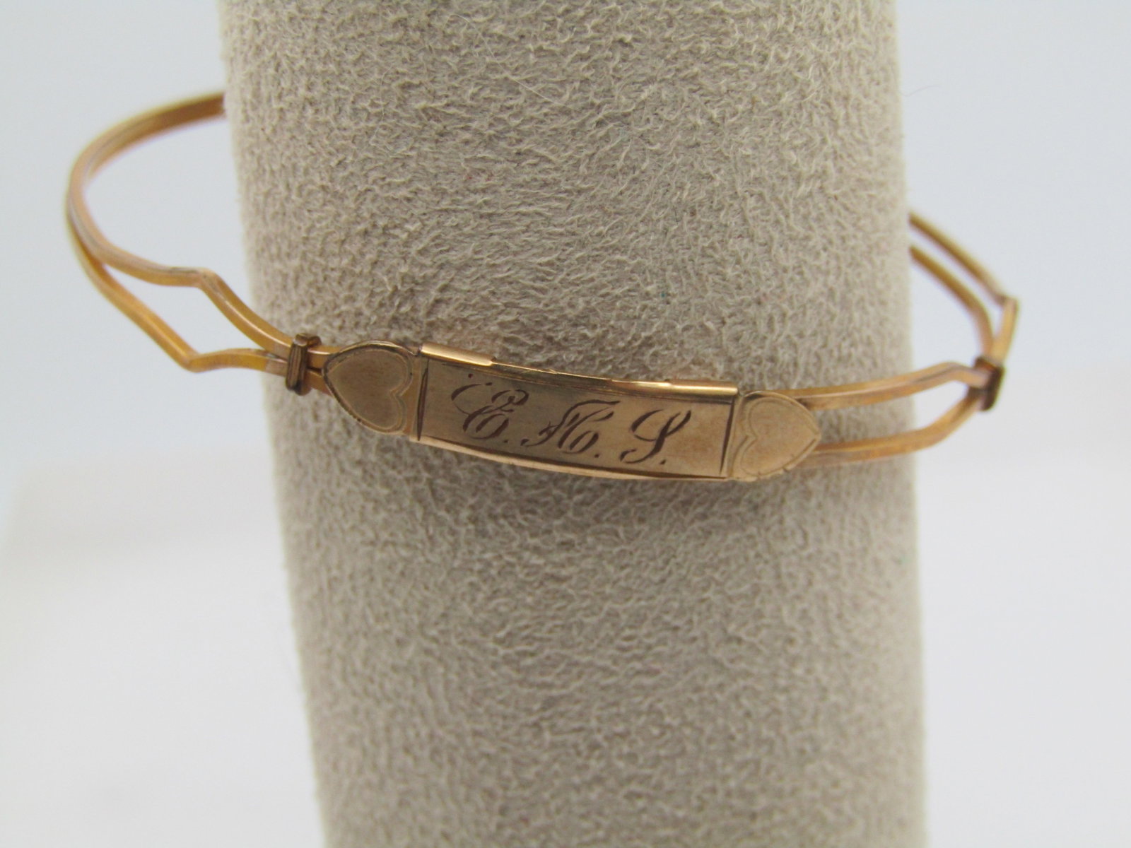 Antique 10kt G.F. Engraved E A L Bangle Bracelet, 6", With Hearts, Early 1900's - 4