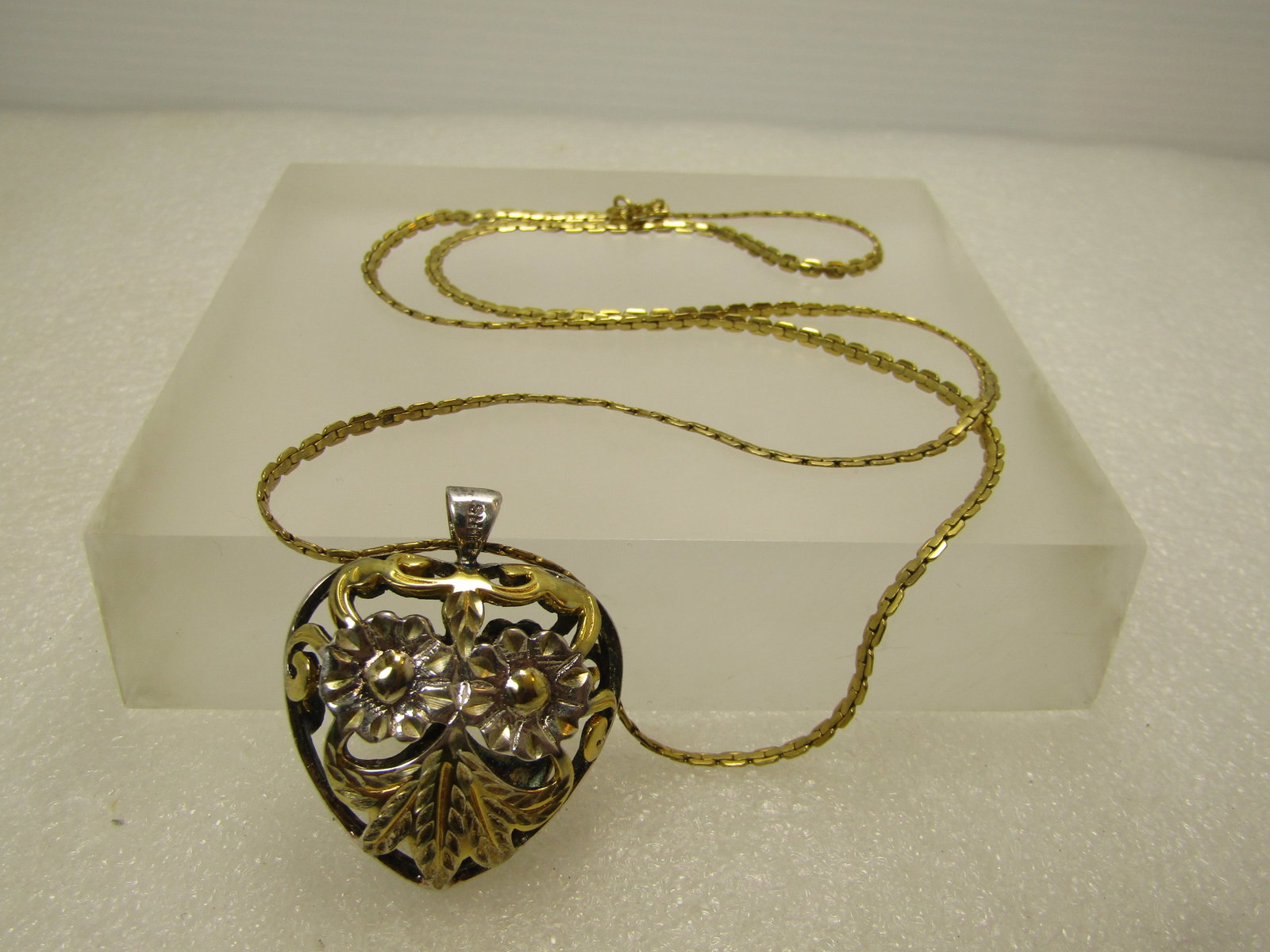 Vintage Caged Floral Heart Pendant Necklace, .925/Gold Filled, 22" - 3