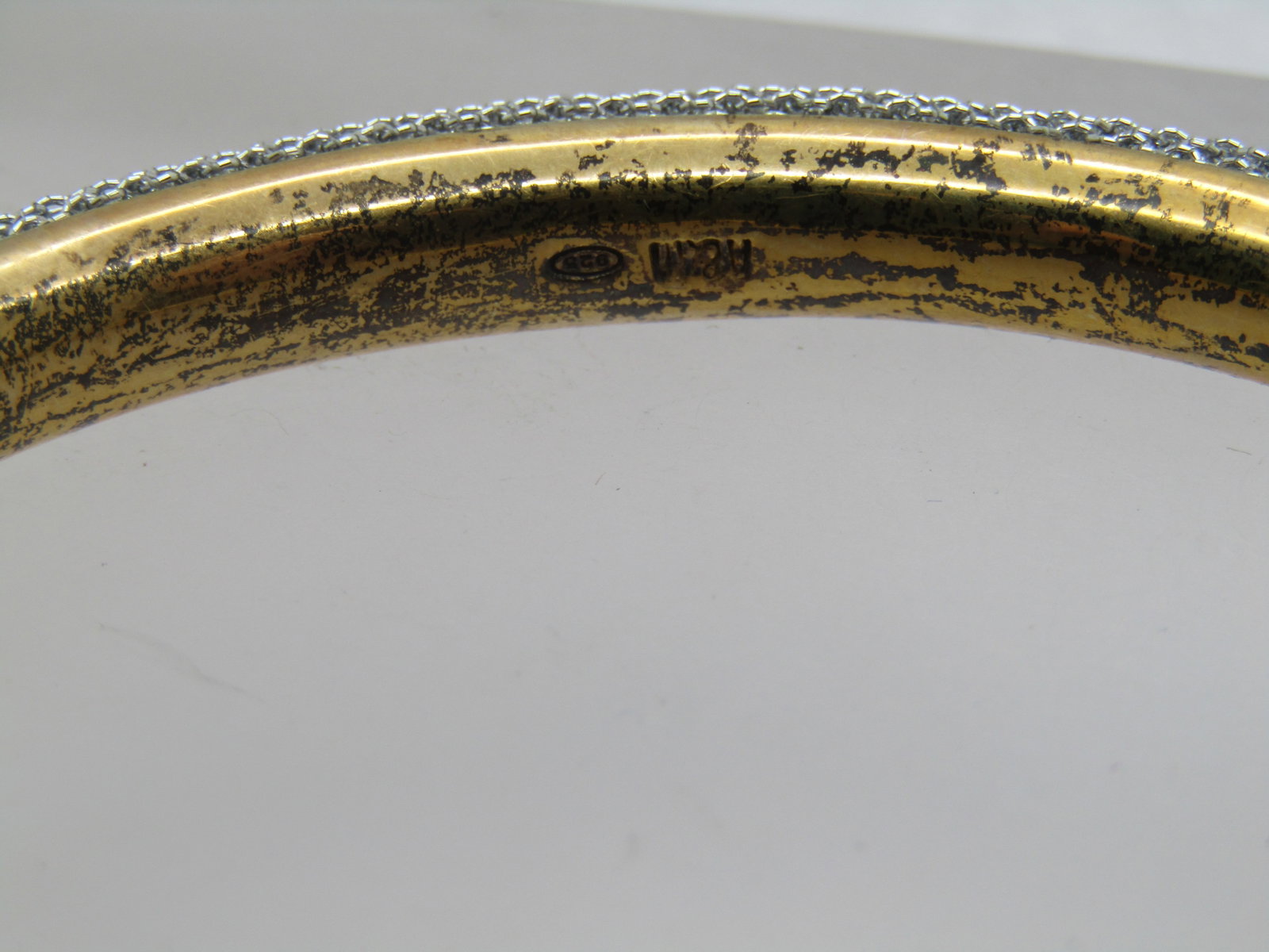 Vintage Sterling Vermeil Mesh Bangle Bracelet Two-Tone, 8" 1980's-1990's, Signed: Vintage Sterling Vermeil Mesh Bangle Bracelet Two-Tone, 8" 1980's-1990's, Signed what looks like A & M. It has silver tone mesh on the outside edge and gold over sterling on the inside and wrapped on