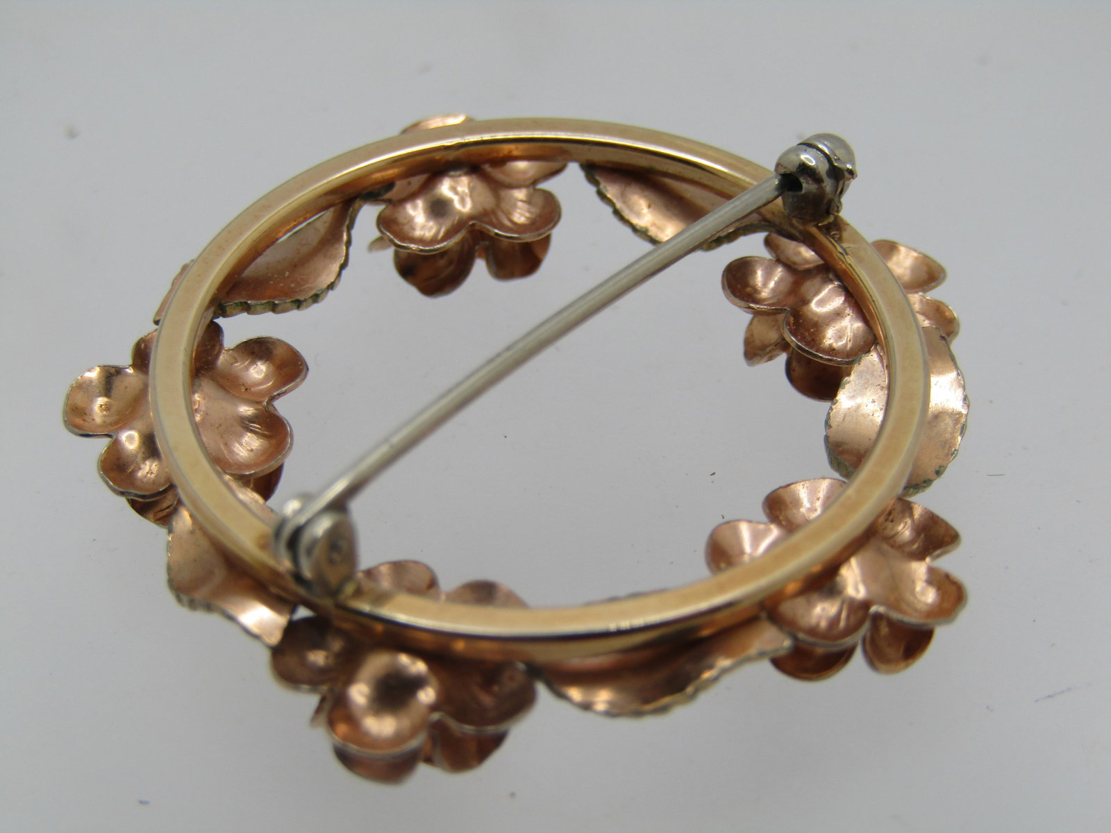 Vintage Floral Leaf Circle Brooch, Two-Tone, 1.5" - 4